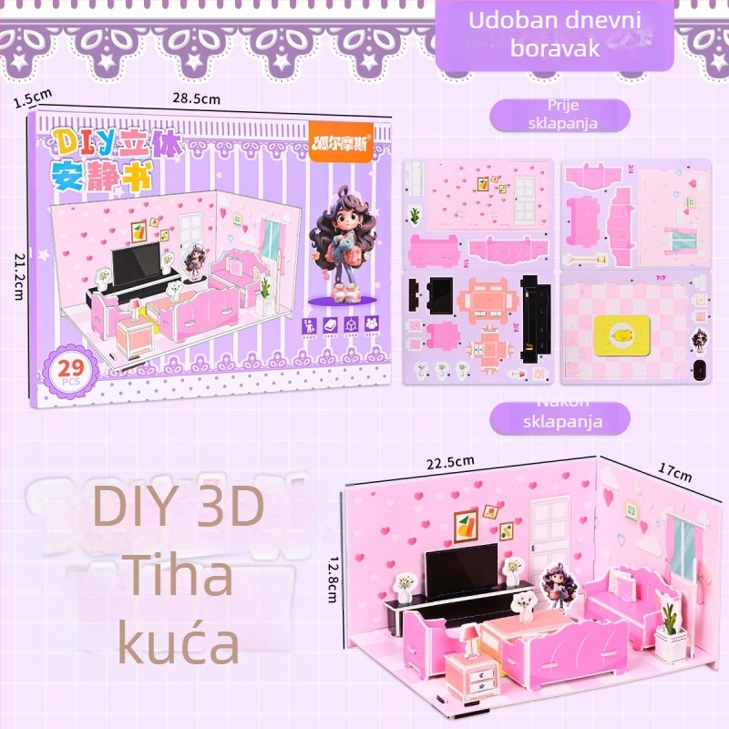 No-Cut 3D tiho sklapanje knjige DIY puzzle — Sklapanje kuće, papirnati paneli; Materijal: papir; Uzrast: 4–6 godina; Scene: spavaća soba, dnevna soba, kuhinja, kupaonica