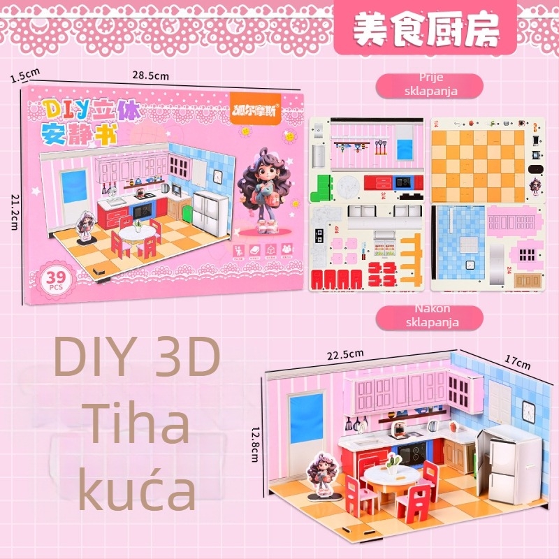 No-Cut 3D tiho sklapanje knjige DIY puzzle — Sklapanje kuće, papirnati paneli; Materijal: papir; Uzrast: 4–6 godina; Scene: spavaća soba, dnevna soba, kuhinja, kupaonica