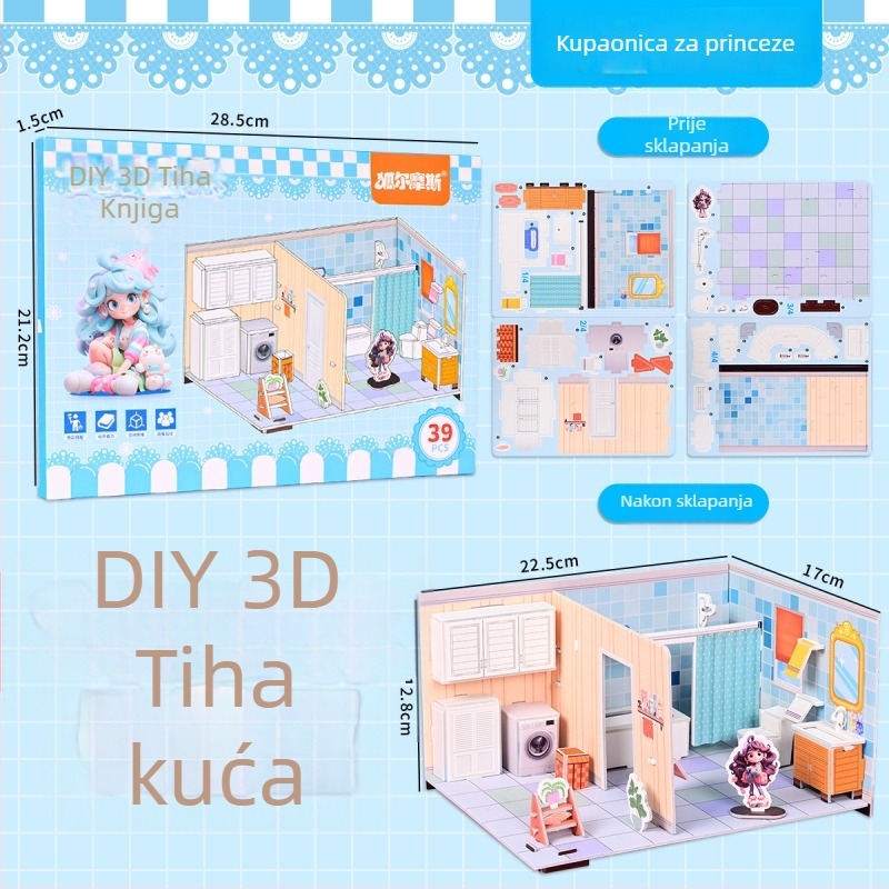 No-Cut 3D tiho sklapanje knjige DIY puzzle — Sklapanje kuće, papirnati paneli; Materijal: papir; Uzrast: 4–6 godina; Scene: spavaća soba, dnevna soba, kuhinja, kupaonica