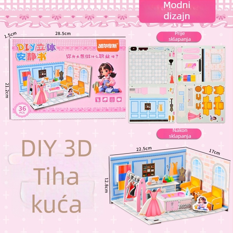 No-Cut 3D tiho sklapanje knjige DIY puzzle — Sklapanje kuće, papirnati paneli; Materijal: papir; Uzrast: 4–6 godina; Scene: spavaća soba, dnevna soba, kuhinja, kupaonica