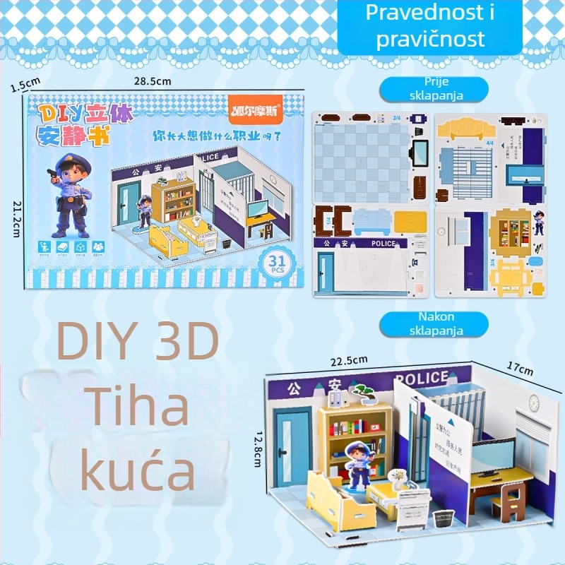 No-Cut 3D tiho sklapanje knjige DIY puzzle — Sklapanje kuće, papirnati paneli; Materijal: papir; Uzrast: 4–6 godina; Scene: spavaća soba, dnevna soba, kuhinja, kupaonica