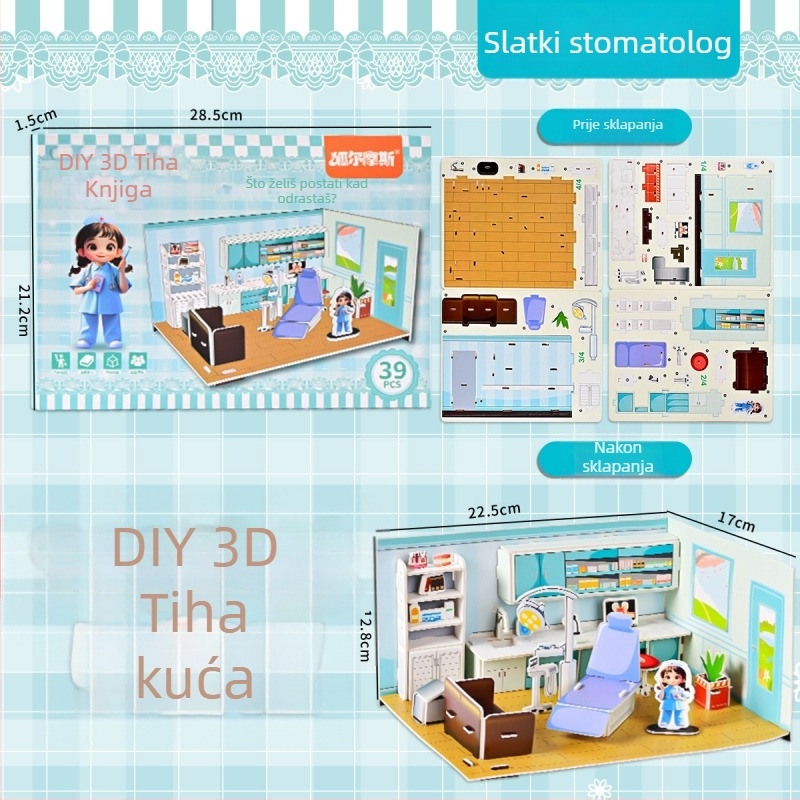 No-Cut 3D tiho sklapanje knjige DIY puzzle — Sklapanje kuće, papirnati paneli; Materijal: papir; Uzrast: 4–6 godina; Scene: spavaća soba, dnevna soba, kuhinja, kupaonica