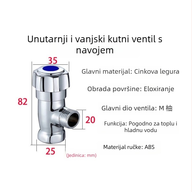 Bakreni troputni ventil s navojem, model 4-točkovni pravac ventil, rad tlaka 1 MPa, za slavinu