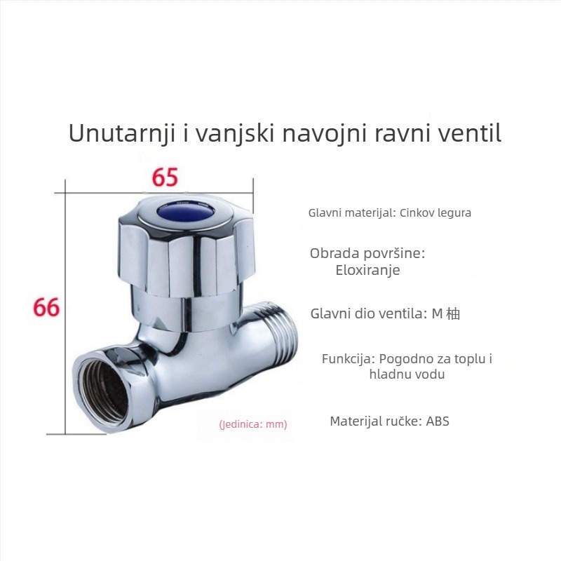 Bakreni troputni ventil s navojem, model 4-točkovni pravac ventil, rad tlaka 1 MPa, za slavinu