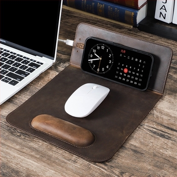 Podložak za miš za zglob od prave kože, 15W magnetsko bežično punjenje, ergonomska podrška zapešća, vodootporna, s nosačem — Materijal: cortex; Proces: šivanje; OEM