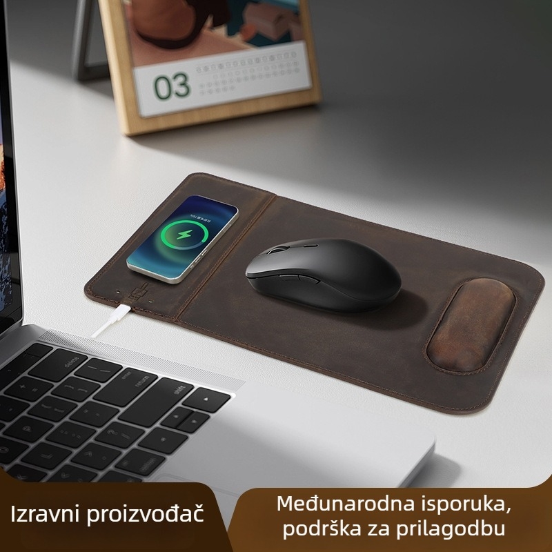 Podložak za miš za zglob od prave kože, 15W magnetsko bežično punjenje, ergonomska podrška zapešća, vodootporna, s nosačem — Materijal: cortex; Proces: šivanje; OEM