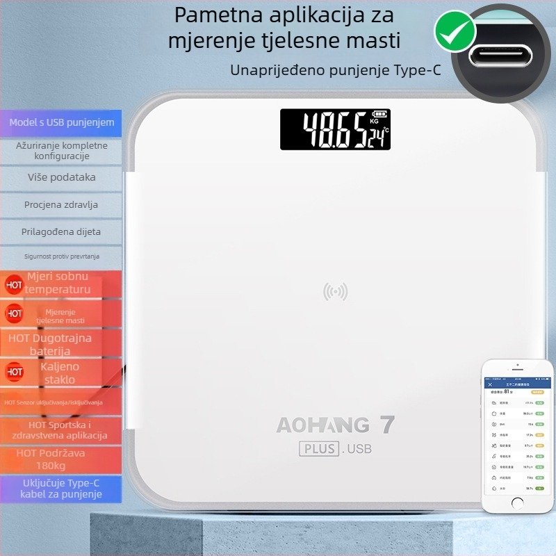 Vaga za tjelesnu masnoću, elektronička vaga za kućnu upotrebu (kapacitet 180 kg, pakiranje 10 kom., brend Beautiful, mogućnost privatne marke)