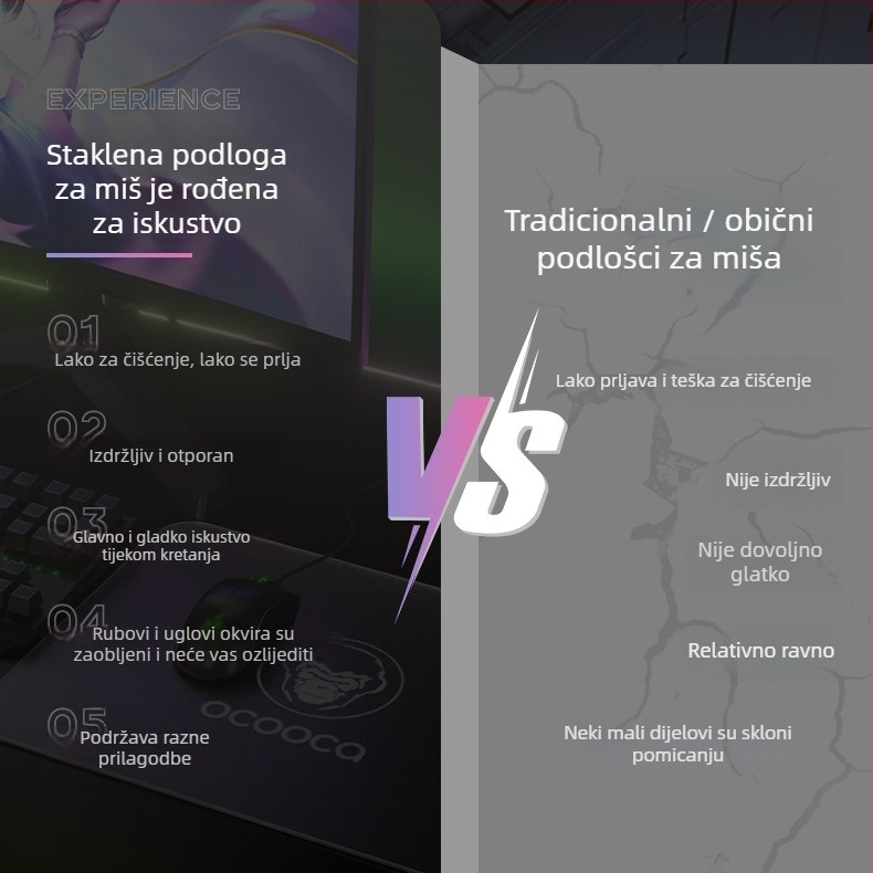 Podloga za miš za igranje od potpuno kaljenog stakla, jednostrana, podrška zapešća, protuklizna, OEM prilagodljivo