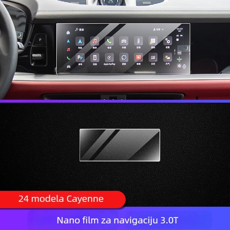 TPU unutarnja zaštitna folija za Porsche Cayenne — instrumentni i navigacijski prikaz, središnja konzola i mjenjač — monolitno oblikovanje, otporno na visoke/niske temperature, otporno na ogrebotine i habanje, protiv otiska prsta i masnih mrlja