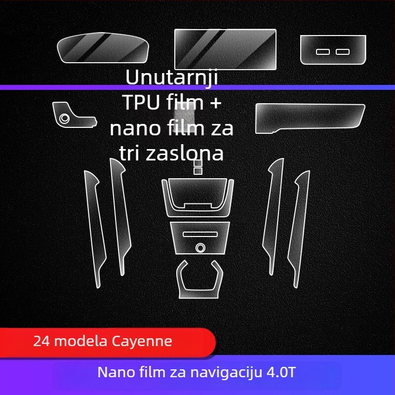 TPU unutarnja zaštitna folija za Porsche Cayenne — instrumentni i navigacijski prikaz, središnja konzola i mjenjač — monolitno oblikovanje, otporno na visoke/niske temperature, otporno na ogrebotine i habanje, protiv otiska prsta i masnih mrlja