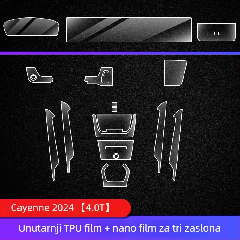 TPU unutarnja zaštitna folija za Porsche Cayenne — instrumentni i navigacijski prikaz, središnja konzola i mjenjač — monolitno oblikovanje, otporno na visoke/niske temperature, otporno na ogrebotine i habanje, protiv otiska prsta i masnih mrlja