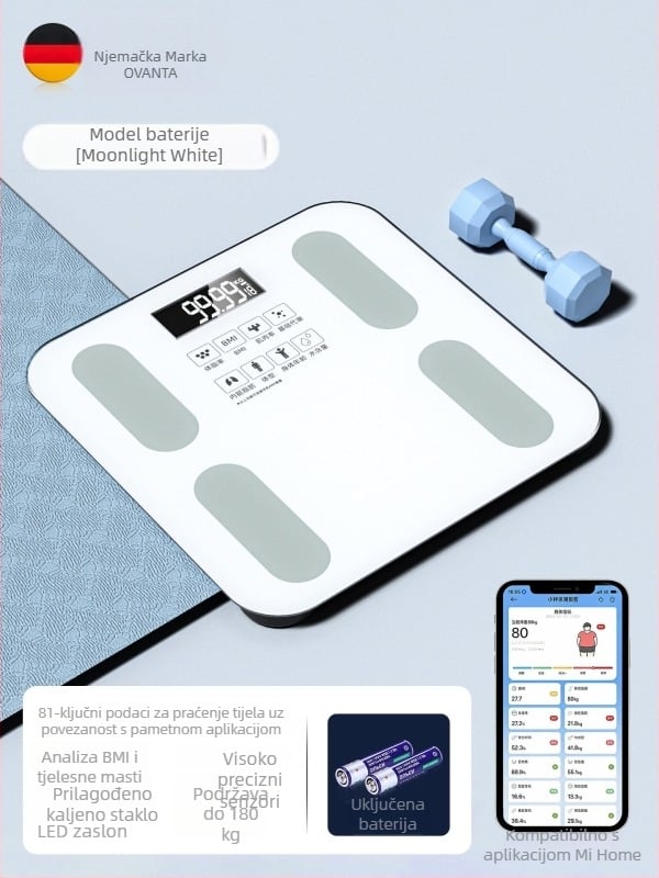 Oufanda Bluetooth vaga za tijelo s mjerenjem tjelesne masnoće i vode, 0,2–180 kg, kaljeno staklo, za odrasle