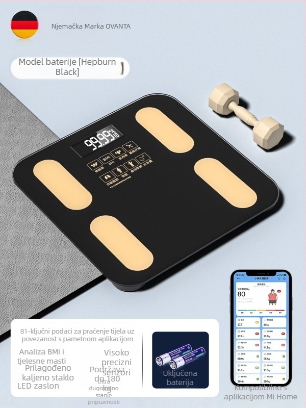 Oufanda Bluetooth vaga za tijelo s mjerenjem tjelesne masnoće i vode, 0,2–180 kg, kaljeno staklo, za odrasle