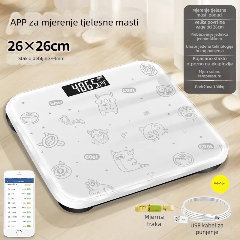 Bluetooth vaga za tjelesni postotak masti – karikatura dizajn, kućna upotreba, max 180 kg, marka Beautiful