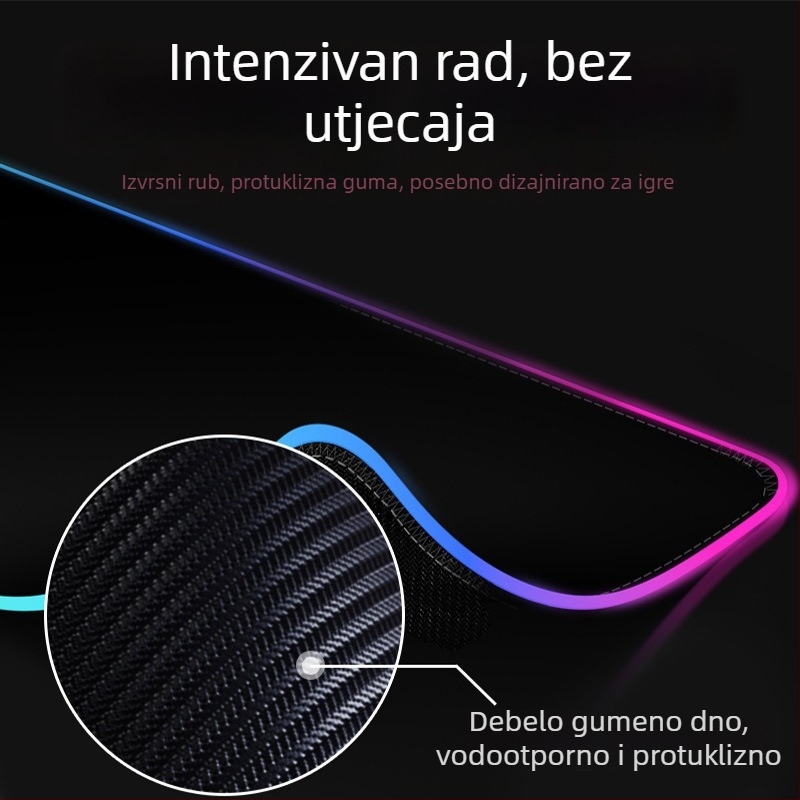 Ogromna crna RGB osvijetljena podloga za miš i tipkovnicu, s učvršćenim rubom i dodatnom debelom površinom za stol