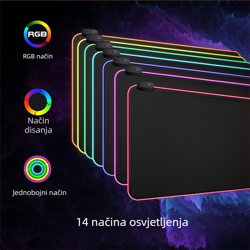 Ogromna crna RGB osvijetljena podloga za miš i tipkovnicu, s učvršćenim rubom i dodatnom debelom površinom za stol