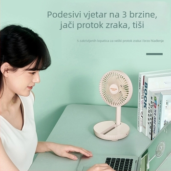USB stolni ventilator s ugrađenom baterijom, 5 lopatica, sklopni dizajn, motor bez četkica, USB napajanje, 3 brzine