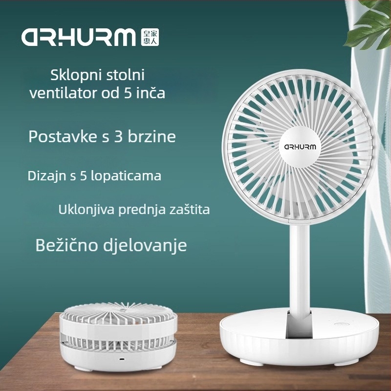 USB stolni ventilator s ugrađenom baterijom, 5 lopatica, sklopni dizajn, motor bez četkica, USB napajanje, 3 brzine