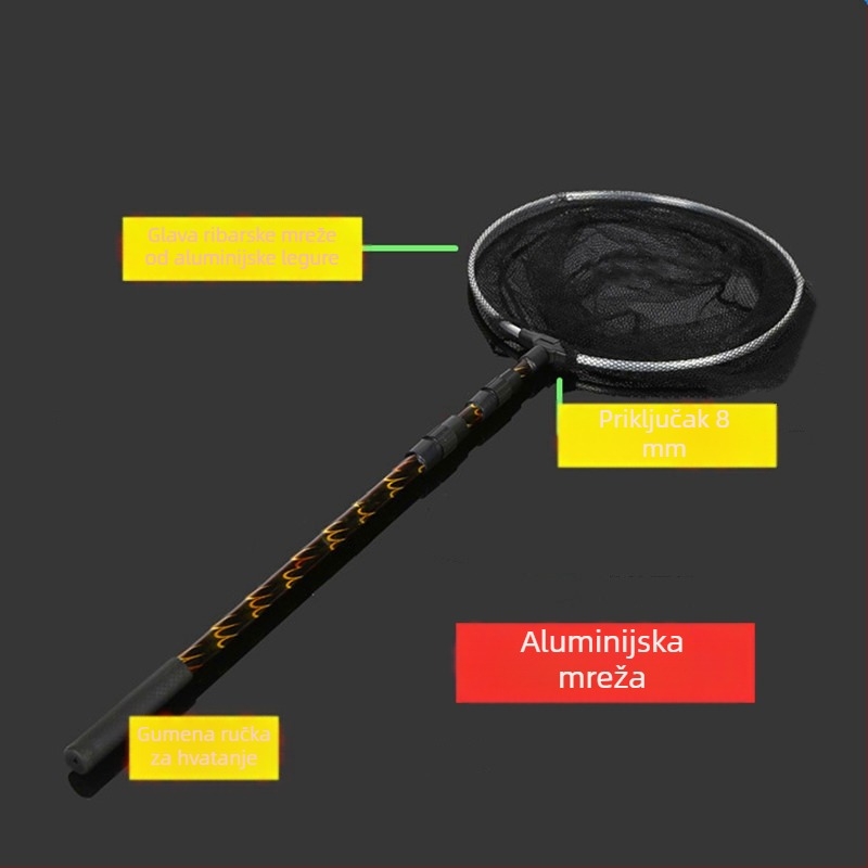 Proširena štap za mrežu za ribolov od aluminijske legure, gusta mreža, promjer otvora mreže 25–35 cm, dubina mreže 20 cm