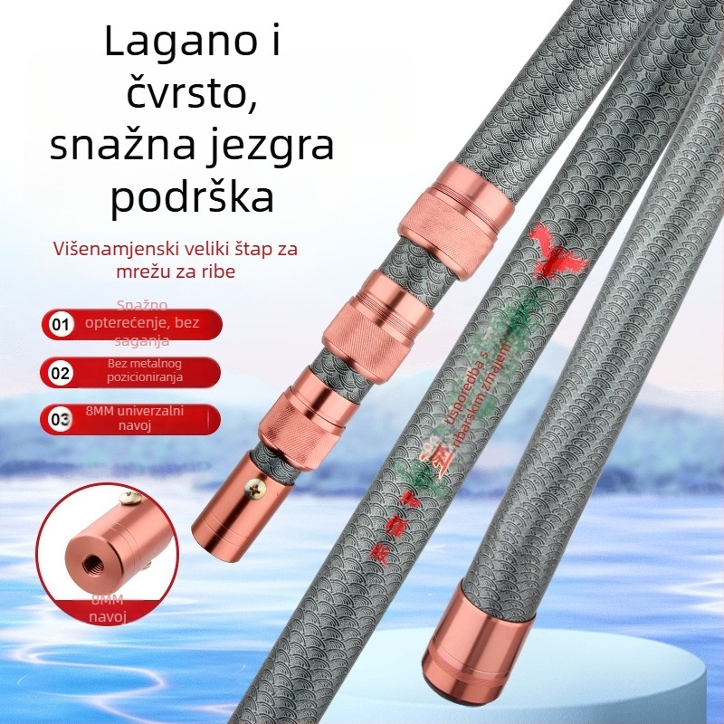 Fiberglas štap za mrežu za ulov, 6 dijelova, podesiva, težina 929 g