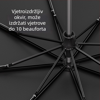 Kišobran s 8 rebara, ručno otvaranje, trodijelni sklop, čelično kućište s željeznim rebrenama, plastična drška, UV zaštita UPF50+