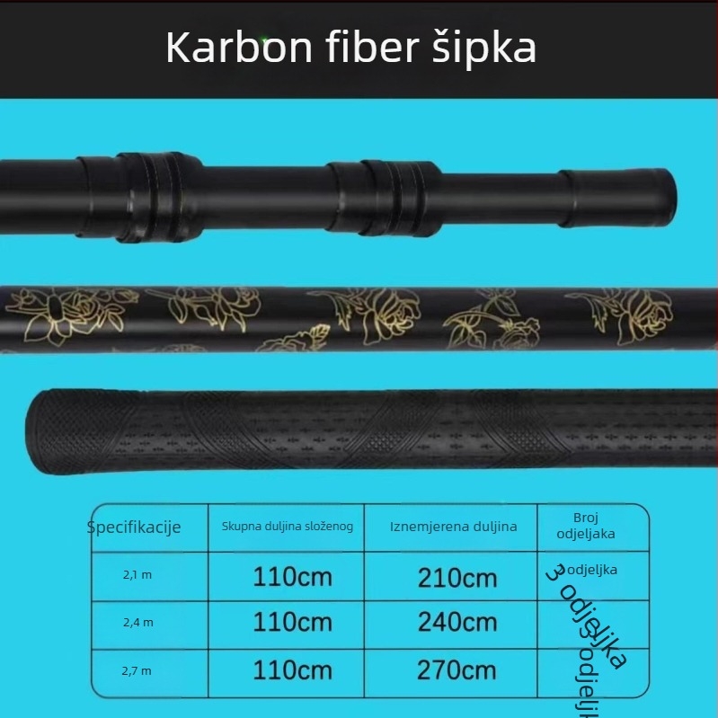 Karbonski štap za mrežu za ribolov, 3-djelni teleskop