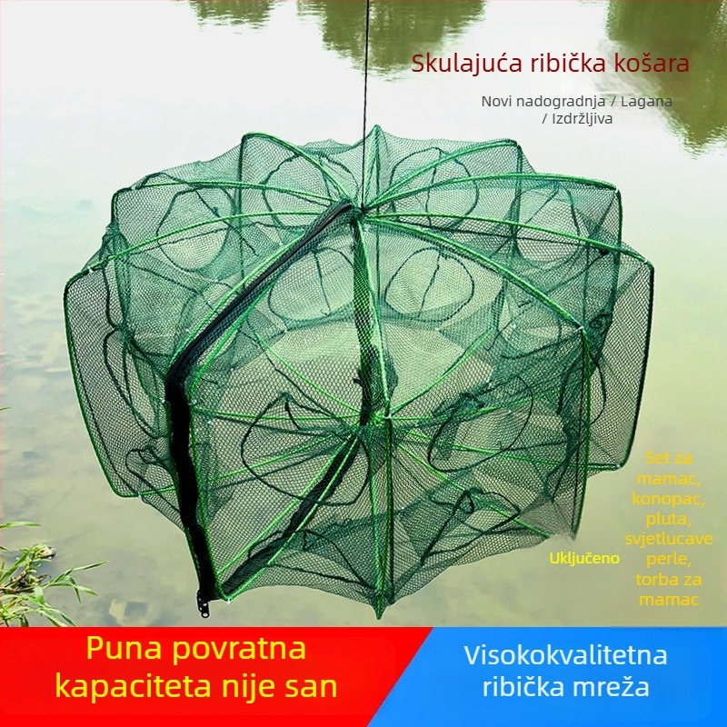 Sklopiva mreža-kavez za slatkovodni ribolov — najlon materijal; otvor 13 cm; dubina mreže 25 cm; fino mrežasto oka; nosivost 10 kg