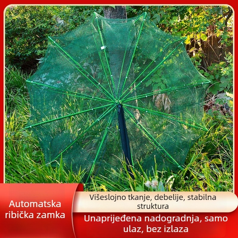 Sklopiva mreža-kavez za slatkovodni ribolov — najlon materijal; otvor 13 cm; dubina mreže 25 cm; fino mrežasto oka; nosivost 10 kg