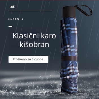Trostruki sklopivi kišobran s 10 rebara, čelični okvir, ručno otvaranje, poliester 170T, UPF30+, karirani uzorak