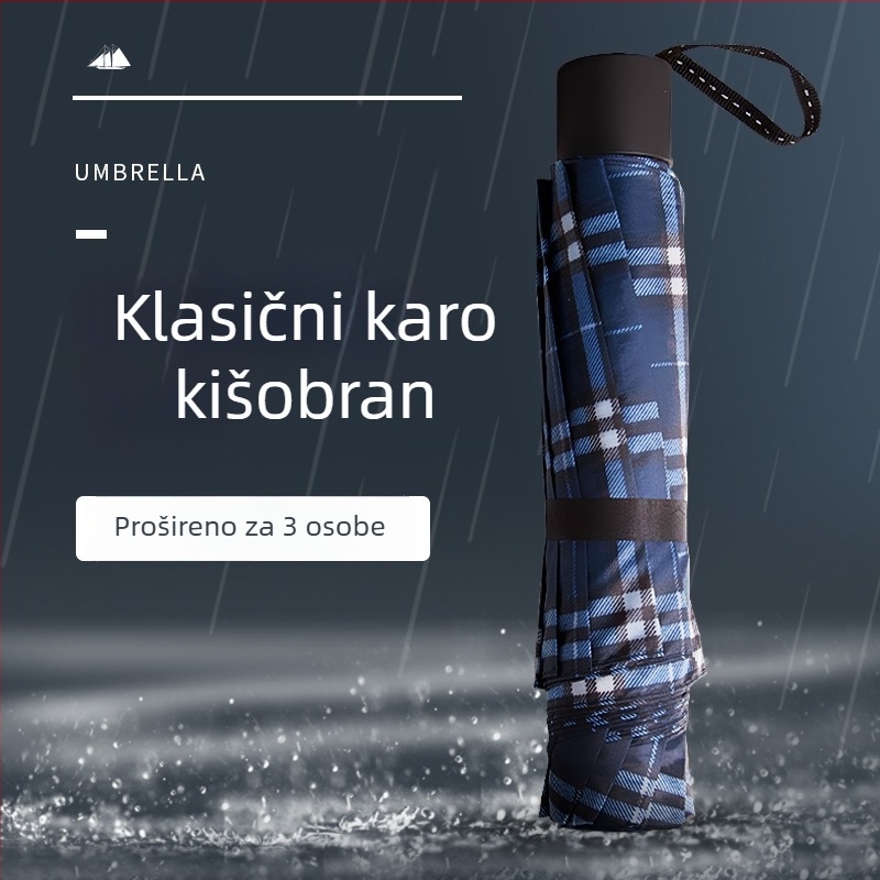 Trostruki sklopivi kišobran s 10 rebara, čelični okvir, ručno otvaranje, poliester 170T, UPF30+, karirani uzorak