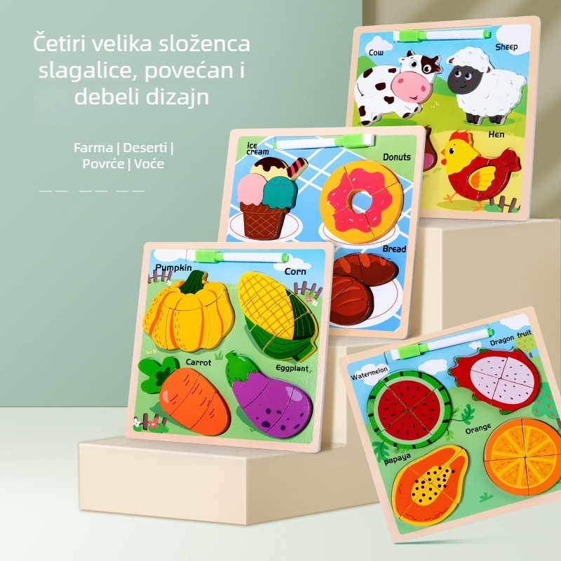 Drveni trodimenzionalni puzzle za djecu od 0 do 3 godine, ilustracije pravopisa i ploča za crtanje, građevni blokovi, edukativna igračka; dostupna prilagodba uzorka