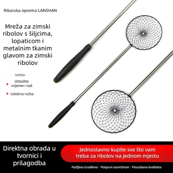 Mreža za ledni ribolov s glavom od nehrđajućeg čelika, ledenim špicama i kašikom za led