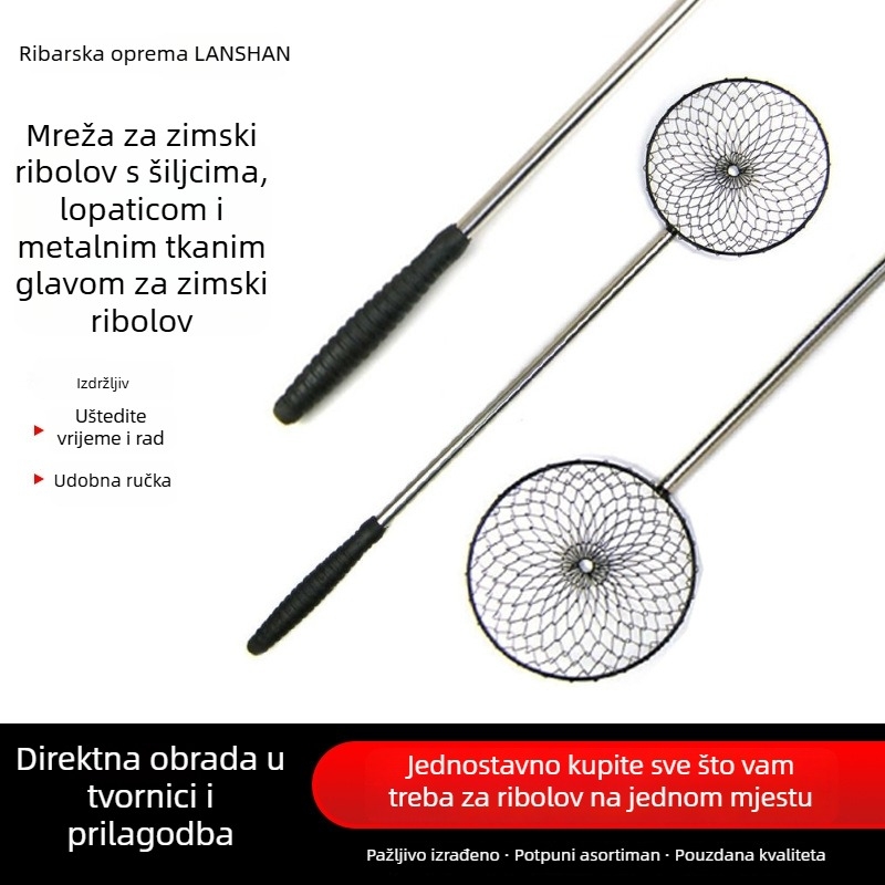 Mreža za ledni ribolov s glavom od nehrđajućeg čelika, ledenim špicama i kašikom za led