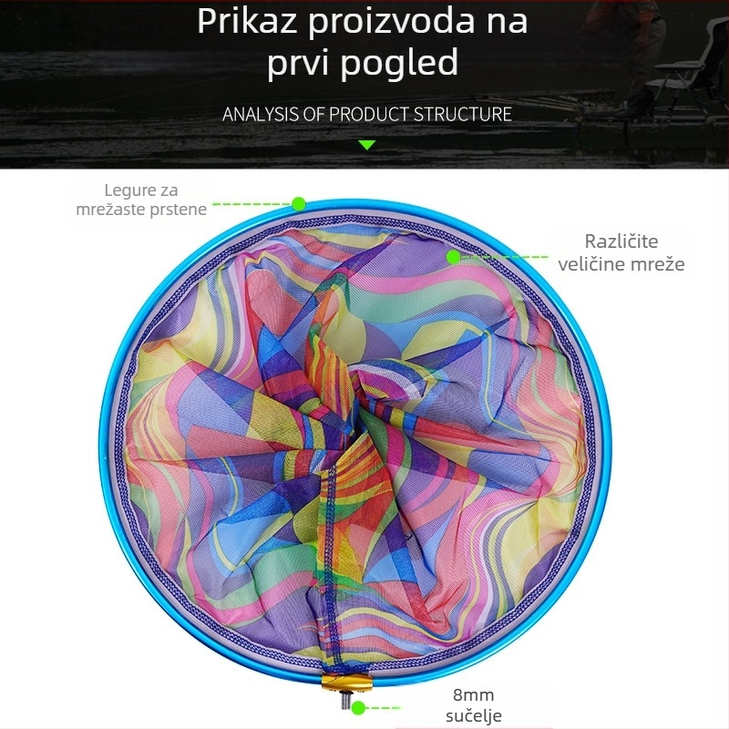 Glava mreže za ribolov s velikim otvorima, najlon mreža, prsten od aluminijske legure, debeli aluminijski okvir, 8 mm vijčano sučelje