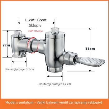 Mosazni pedalski splak ventil s povlačnim zatvaranjem uz zakašnjenje, ručno upravljanje, ispiranje 3–10 s, izlaz 32 mm, vanjske dimenzije 105–125 mm
