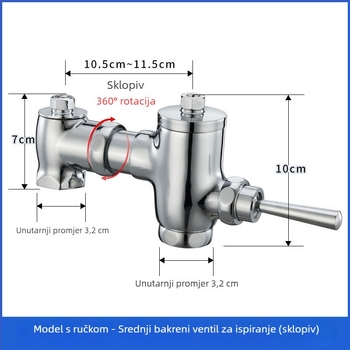 Mosazni pedalski splak ventil s povlačnim zatvaranjem uz zakašnjenje, ručno upravljanje, ispiranje 3–10 s, izlaz 32 mm, vanjske dimenzije 105–125 mm