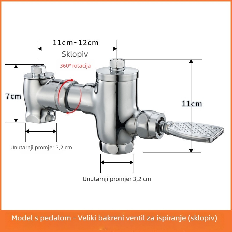 Mosazni pedalski splak ventil s povlačnim zatvaranjem uz zakašnjenje, ručno upravljanje, ispiranje 3–10 s, izlaz 32 mm, vanjske dimenzije 105–125 mm