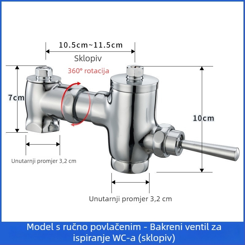 Mosazni pedalski splak ventil s povlačnim zatvaranjem uz zakašnjenje, ručno upravljanje, ispiranje 3–10 s, izlaz 32 mm, vanjske dimenzije 105–125 mm