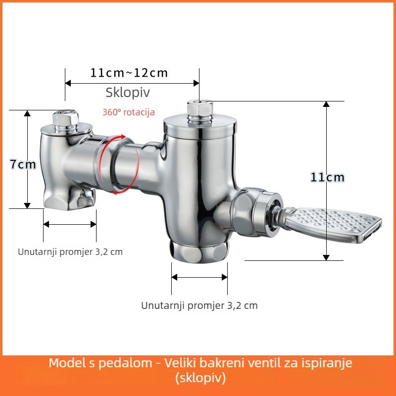 Mosazni pedalski splak ventil s povlačnim zatvaranjem uz zakašnjenje, ručno upravljanje, ispiranje 3–10 s, izlaz 32 mm, vanjske dimenzije 105–125 mm
