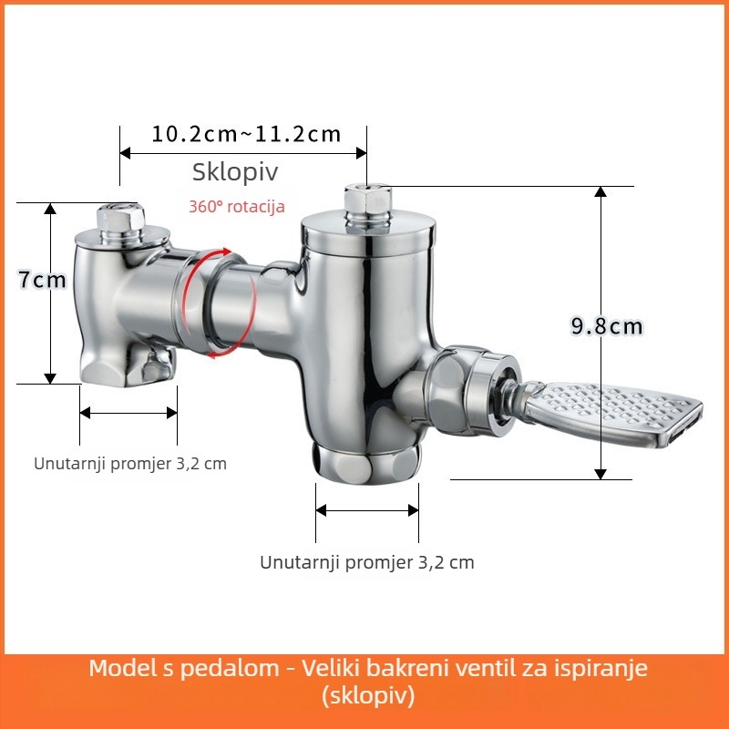 Mosazni pedalski splak ventil s povlačnim zatvaranjem uz zakašnjenje, ručno upravljanje, ispiranje 3–10 s, izlaz 32 mm, vanjske dimenzije 105–125 mm