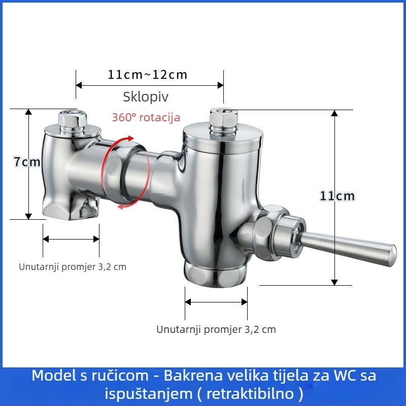 Mosazni pedalski splak ventil s povlačnim zatvaranjem uz zakašnjenje, ručno upravljanje, ispiranje 3–10 s, izlaz 32 mm, vanjske dimenzije 105–125 mm