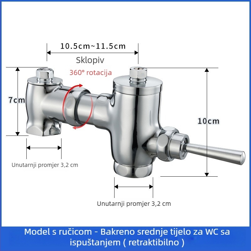 Mosazni pedalski splak ventil s povlačnim zatvaranjem uz zakašnjenje, ručno upravljanje, ispiranje 3–10 s, izlaz 32 mm, vanjske dimenzije 105–125 mm
