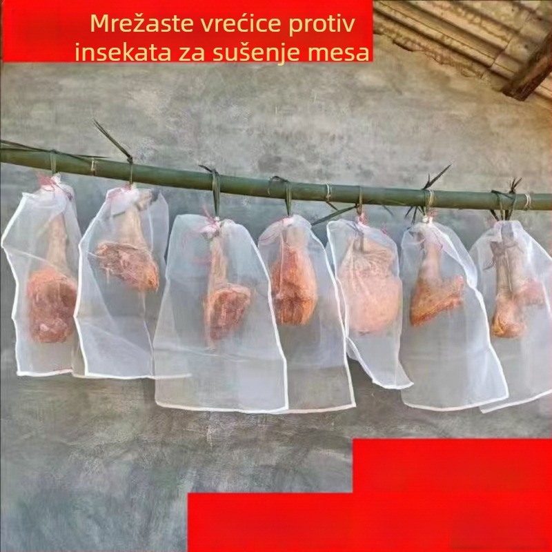 Najlon mrežasta torba s vrpcom za sušenje šunke, slanine, patke, kobasica i ribe; prozračna, otporna na muhe i insekte
