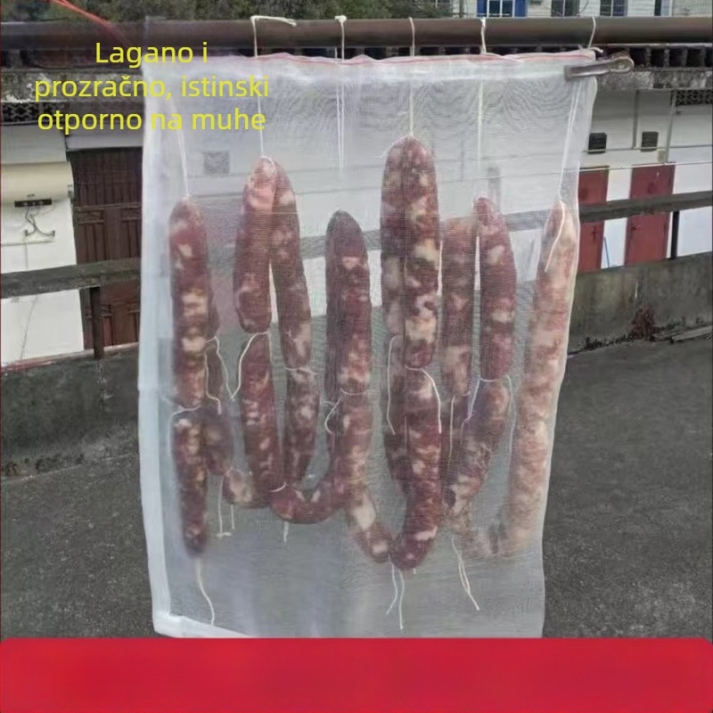 Najlon mrežasta torba s vrpcom za sušenje šunke, slanine, patke, kobasica i ribe; prozračna, otporna na muhe i insekte
