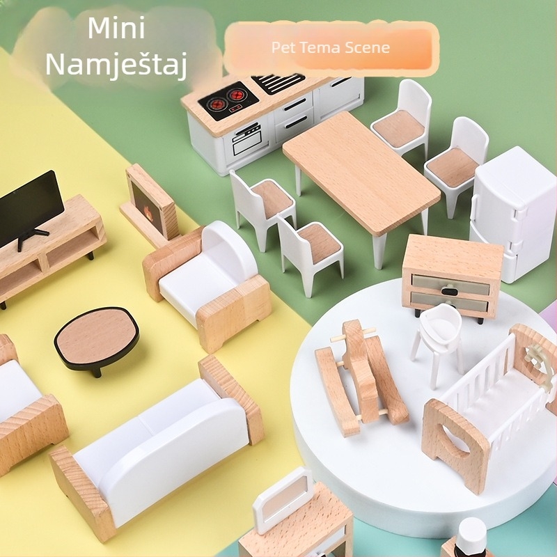 Drveni set namještaja za igru za djecu — kauč za lutke, ormar i garderoba za uzrast 4–6 godina