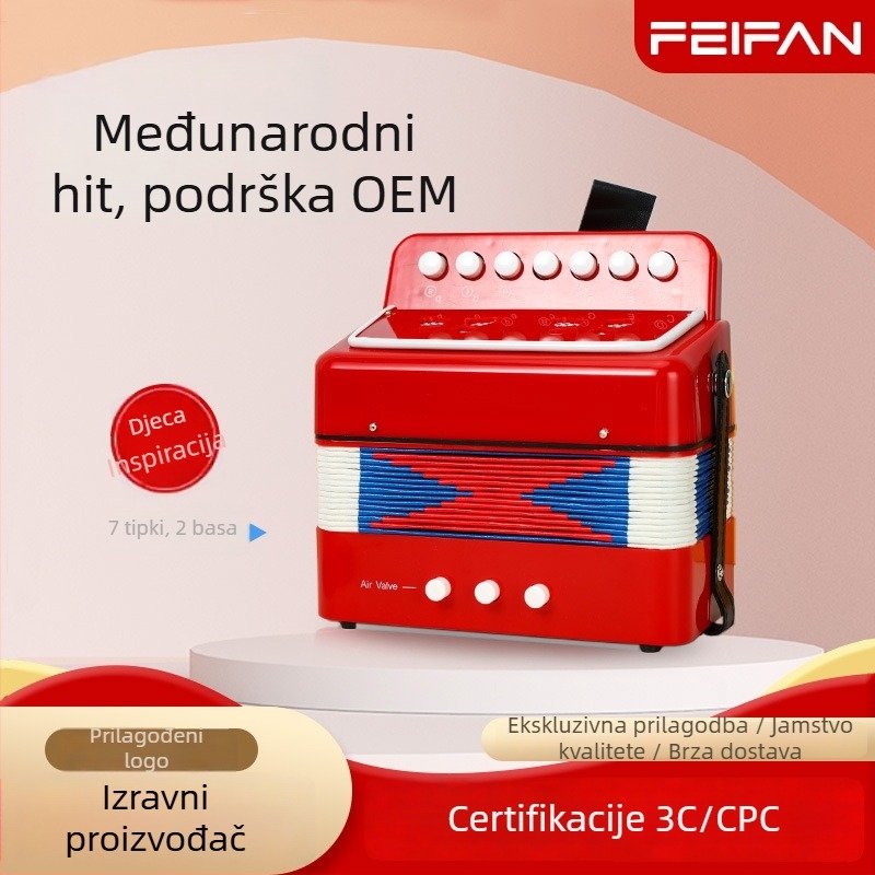 7-tipka dječja harmonika za početnike; materijali: ABS plast, kraft papir, aluminij, bakar; model ZX-07; pakiranje: šarena kutija; preporučena dob: 4–6 godina