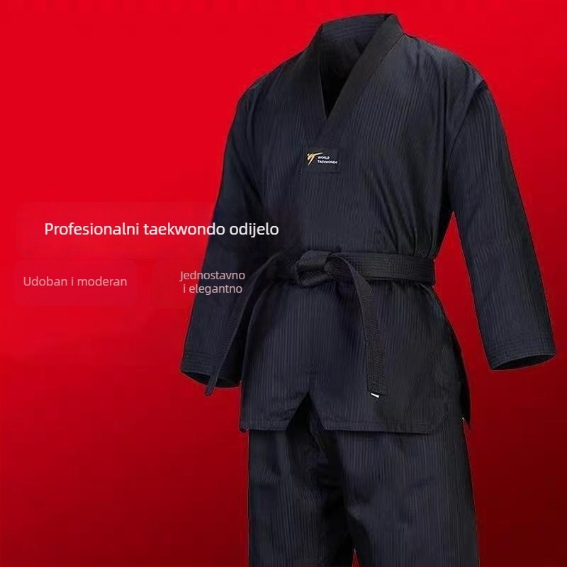 Taekwondo uniforma za trening i natjecanja, model 3283093, tkanina pamuk-mješavina 60% pamuk, podstava poliester-pamuk, tolerancija 1–3 cm