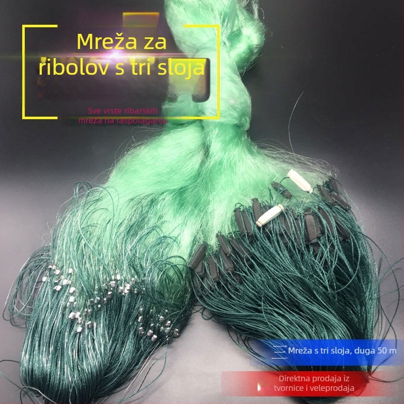 Zelena najlonska mreža tri sloja za ribolov, duljine 50 m, s pjenastim plutima i olovnim težinama