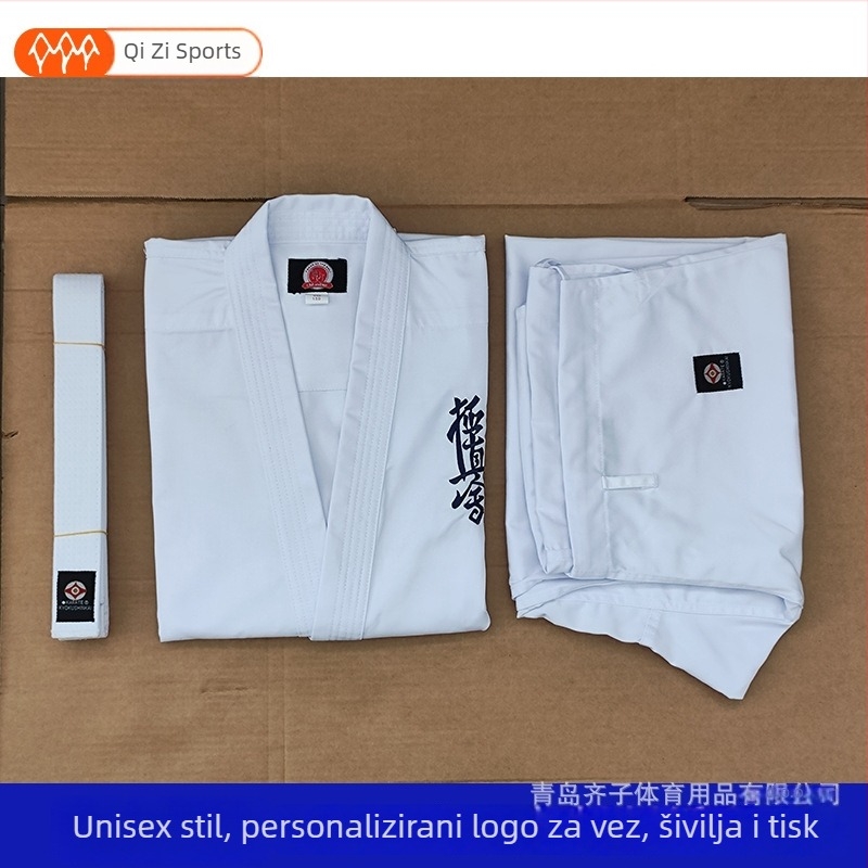 Kyokushin karate GI s prilagođenom izvezom za trening, poliester-bavunasta tkanina (65% poliester), podstava 65% poliester, uzorak: pruge ili jednobojan