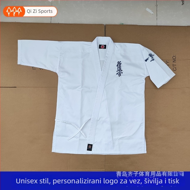 Kyokushin karate GI s prilagođenom izvezom za trening, poliester-bavunasta tkanina (65% poliester), podstava 65% poliester, uzorak: pruge ili jednobojan